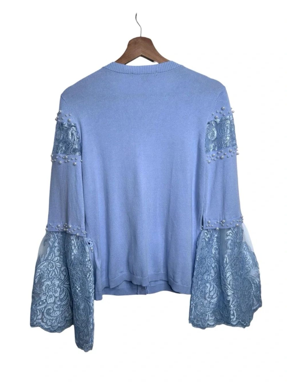 Boston Proper Pearl Embellished Lace Bell Sleeve Blue Cardigan Sweater Small